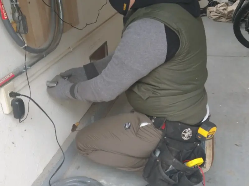 Electrician performing outlet wiring in a Philomath garage